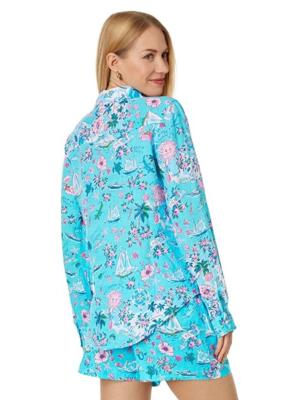 Lilly Pulitzer Linen Button Down Shirt Amalfi Blue "Lilly's Roadtrip" print - L